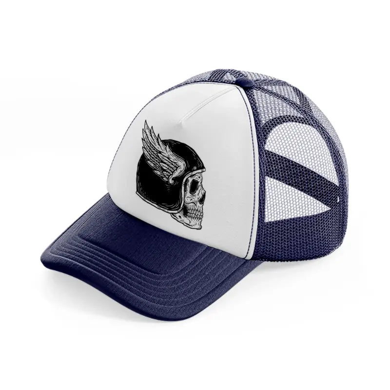 dark skull helmet with wing art-navy-blue-and-white-trucker-hat