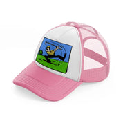 cartoon golfer-pink-and-white-trucker-hat