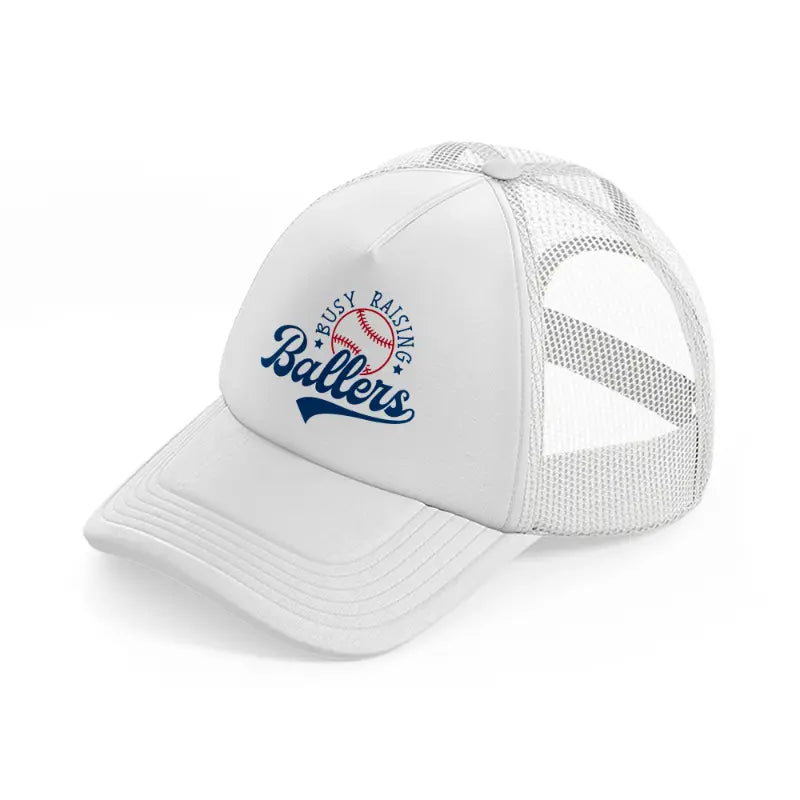 busy raising ballers sticker white trucker hat