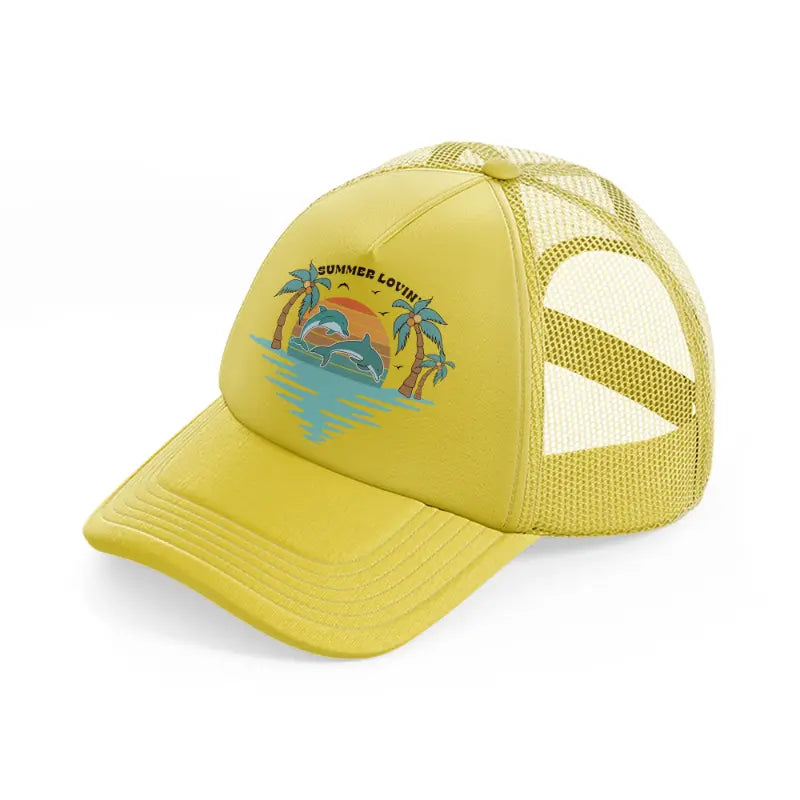 summer lovin dolphins-gold-trucker-hat