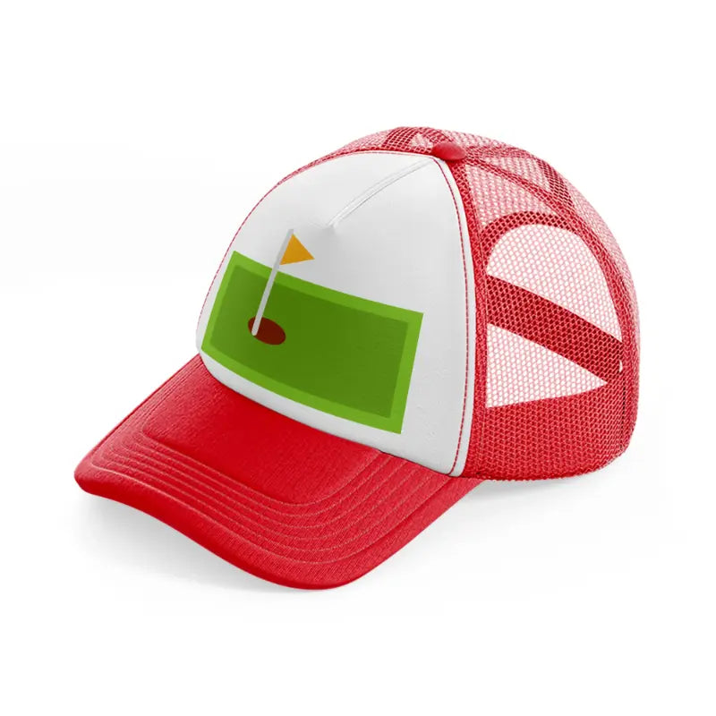green mini golf field-red-and-white-trucker-hat