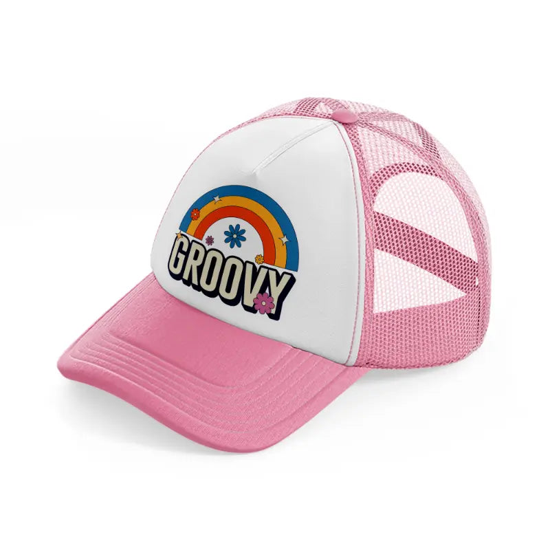 groovy rainbow-pink-and-white-trucker-hat