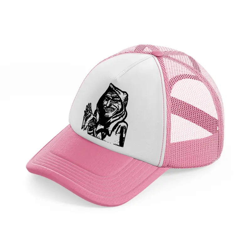evil old man-pink-and-white-trucker-hat