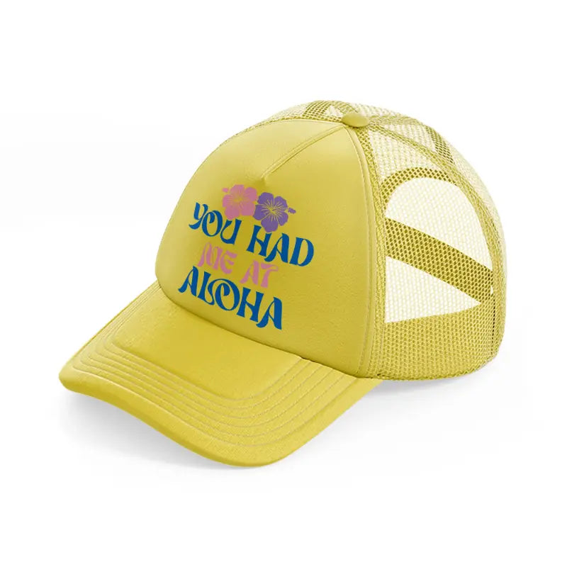 you had me at aloha floral-gold-trucker-hat