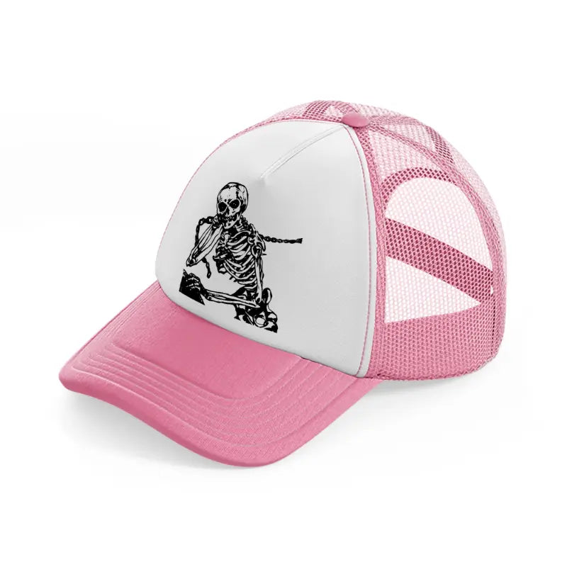 scary skeleton-pink-and-white-trucker-hat