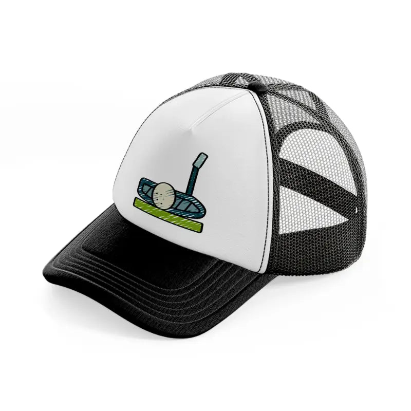 golf ball with stick-black-and-white-trucker-hat