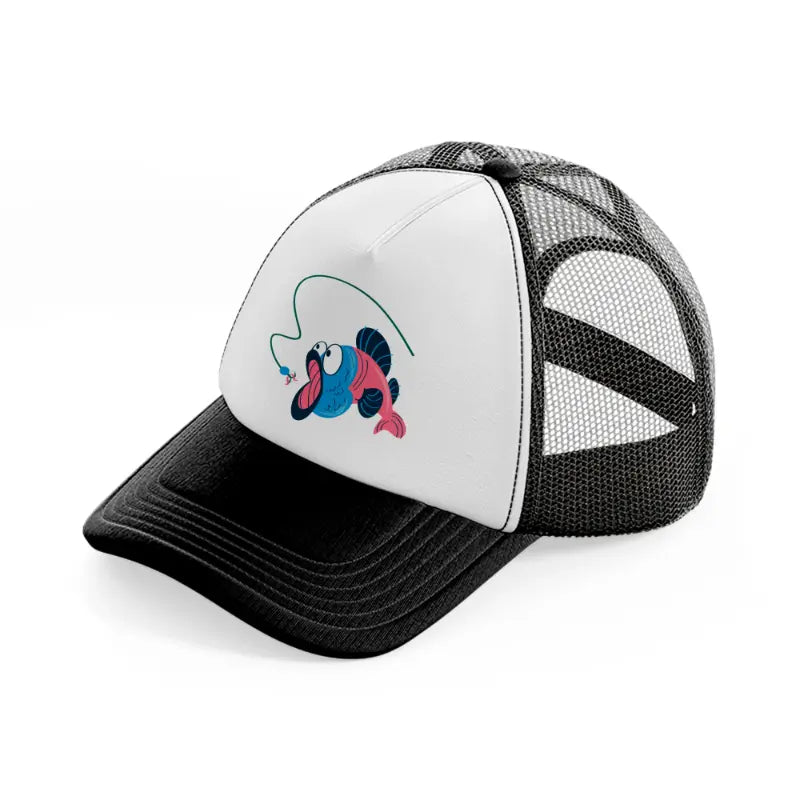 fish cartoon-black-and-white-trucker-hat