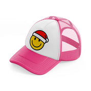 happy face with santa hat neon pink trucker hat