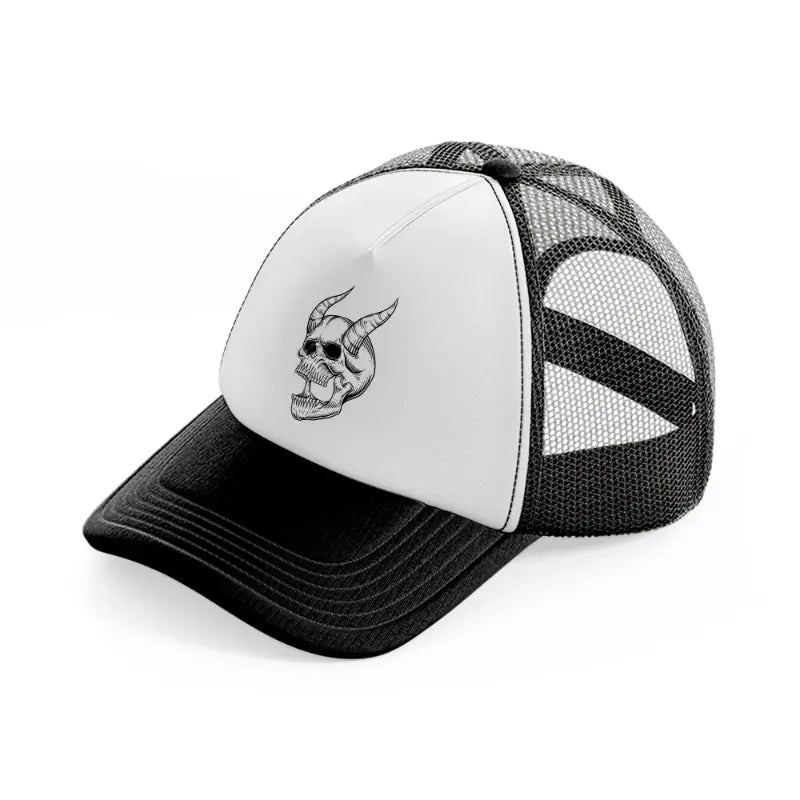 demon skull laughing black and white trucker hat