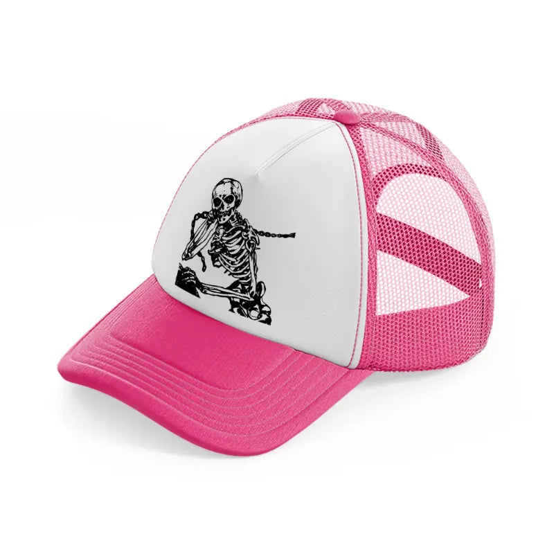 scary skeleton-neon-pink-trucker-hat