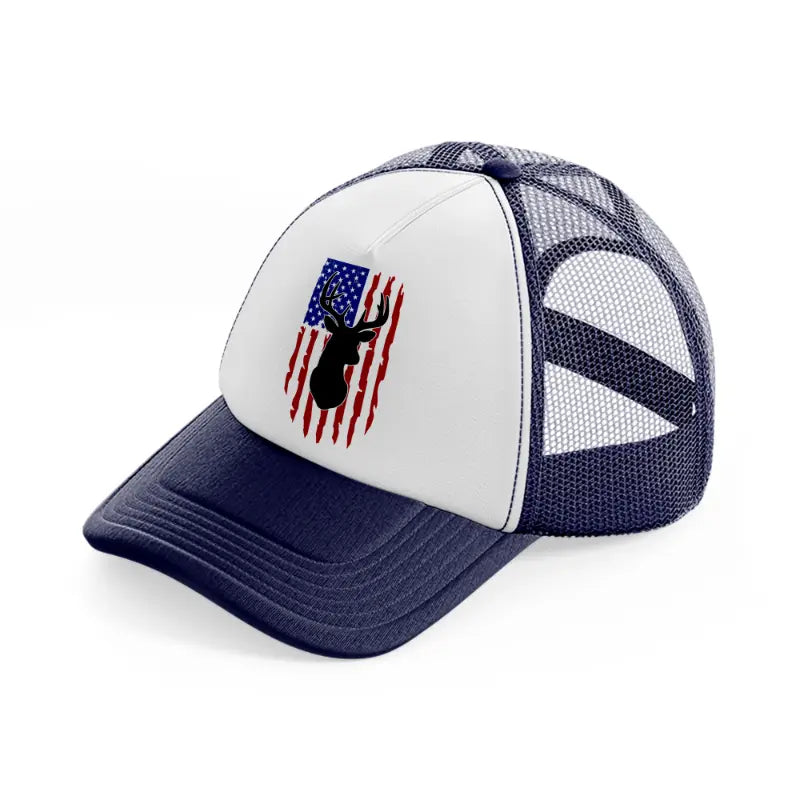 deer american flag-navy-blue-and-white-trucker-hat