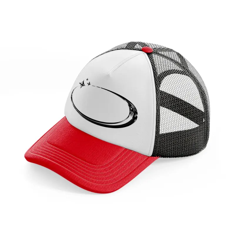 oval red and black trucker hat