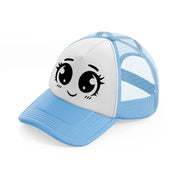 happy blushy face sky blue trucker hat