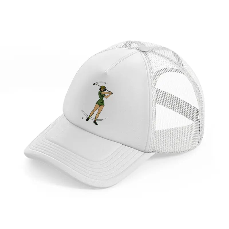 girl golfer green white trucker hat