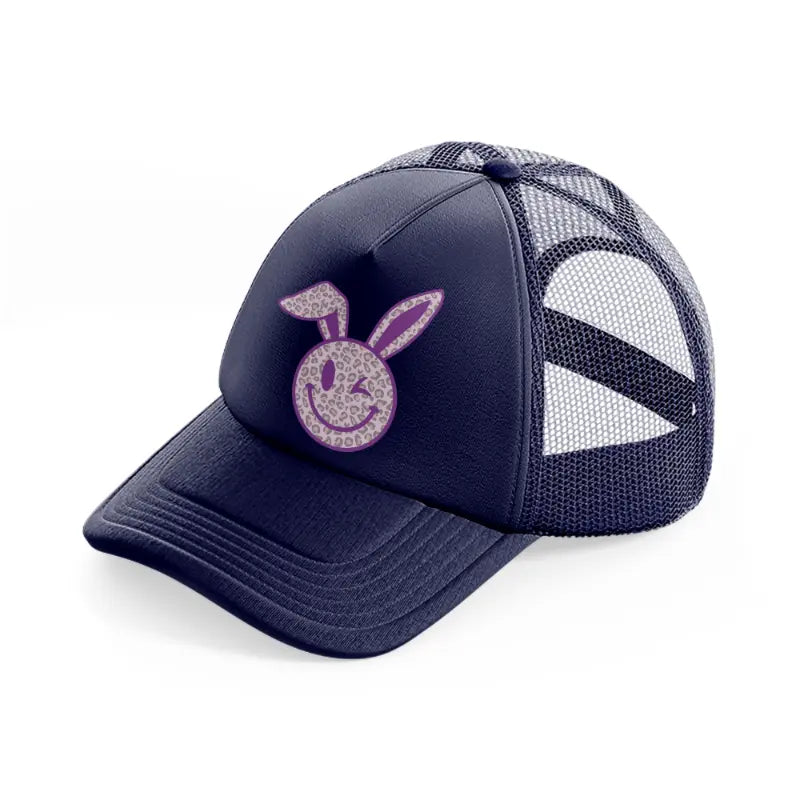 smiley bunny leopard print-navy-blue-trucker-hat