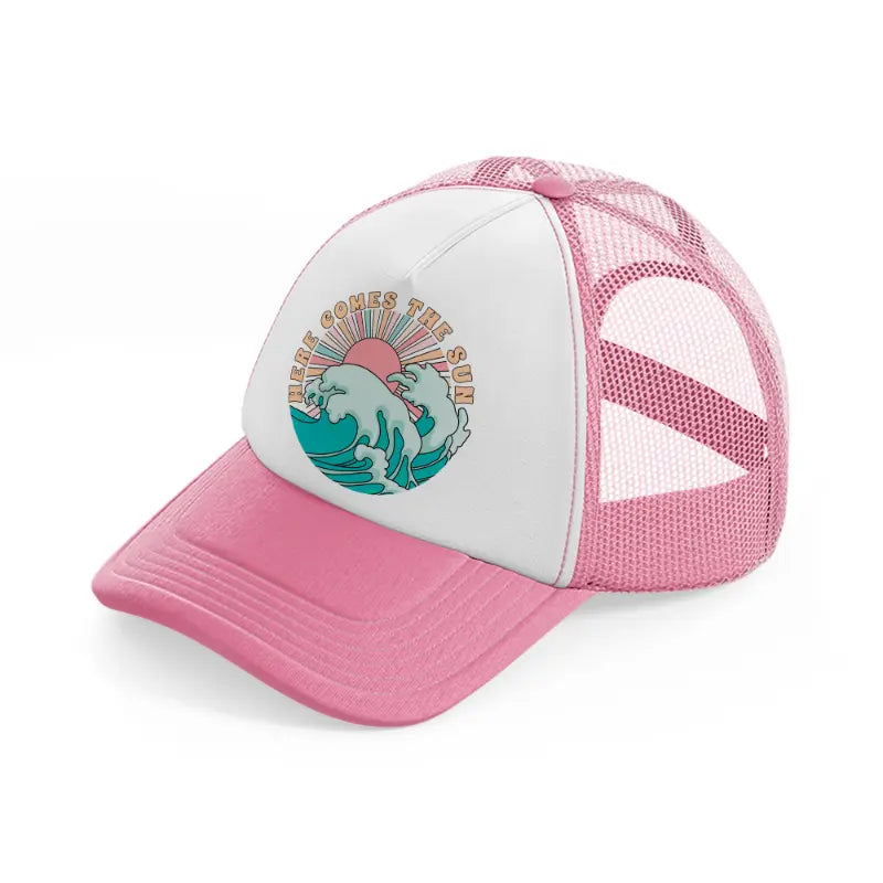 here comes the sun-pink-and-white-trucker-hat