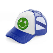 smiley face clover blue and white trucker hat