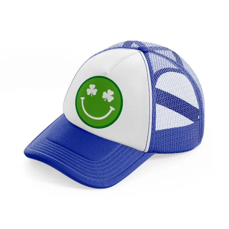 smiley face clover-blue-and-white-trucker-hat