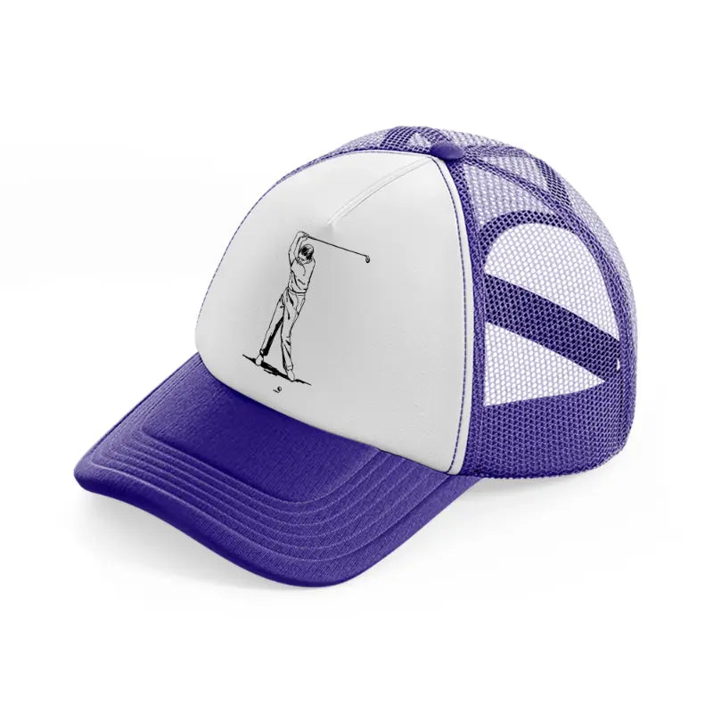 golfer taking shots b&w purple trucker hat