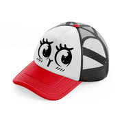 happy shy face red and black trucker hat