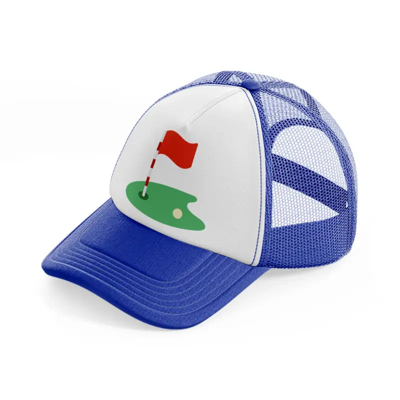 golf course with ball-blue-and-white-trucker-hat