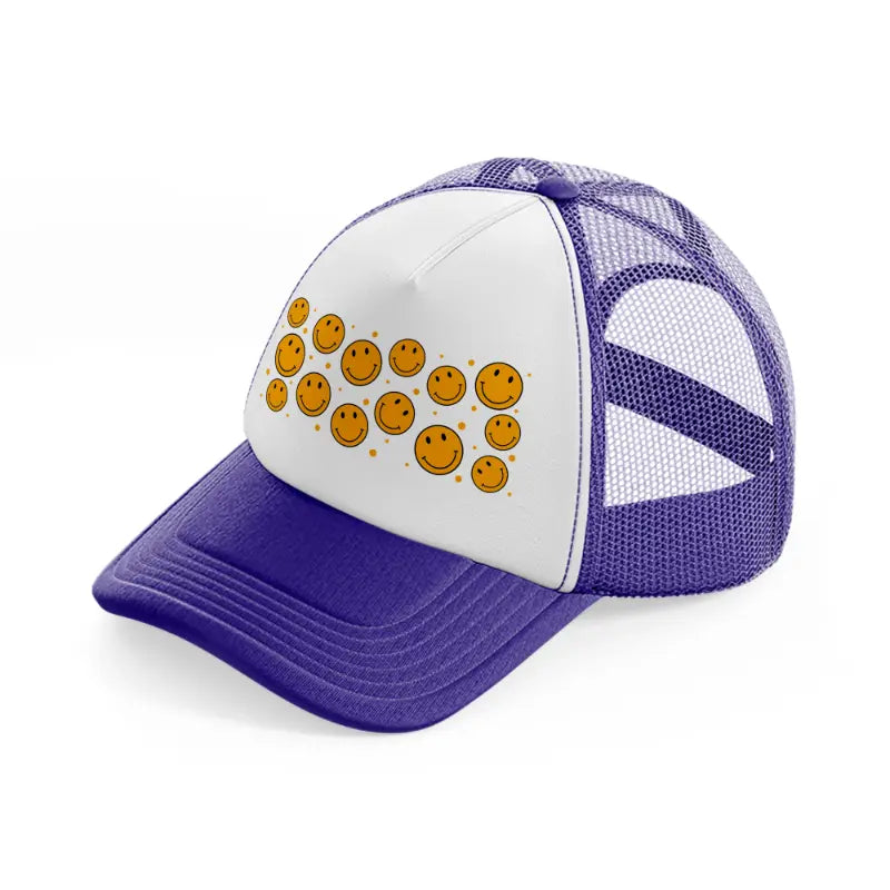 yellow smilies-purple-trucker-hat