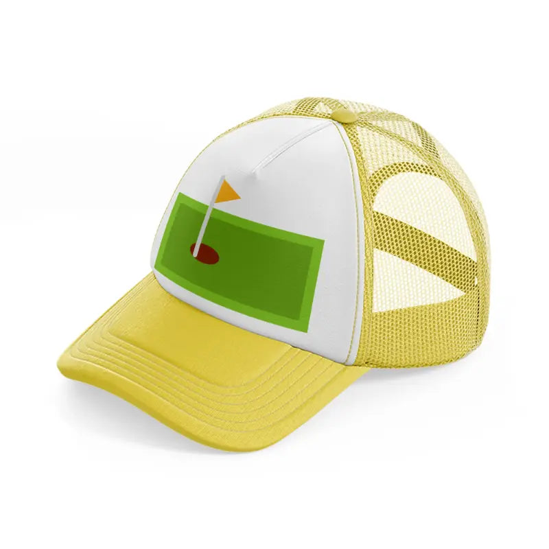 green mini golf field yellow trucker hat