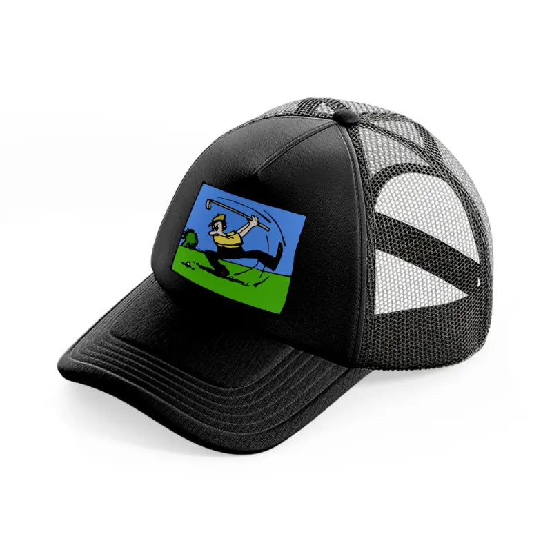 cartoon golfer-black-trucker-hat