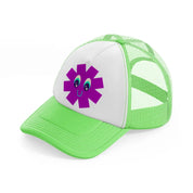 purple smiley flower lime green trucker hat