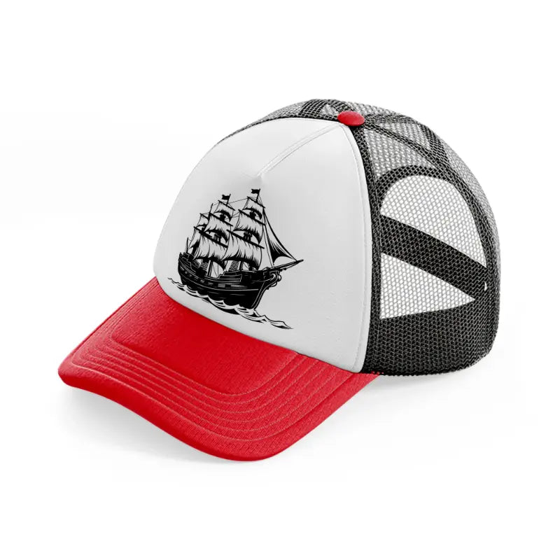b&w pirate ship-red-and-black-trucker-hat