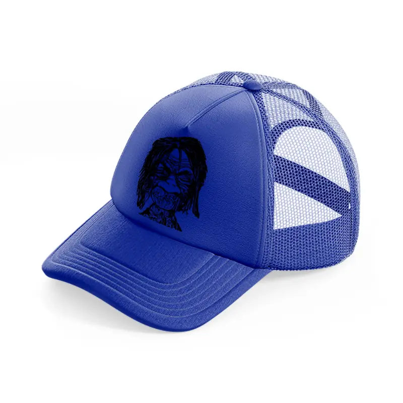shrunken head-blue-trucker-hat