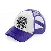 hit hard run fast turn left-purple-trucker-hat