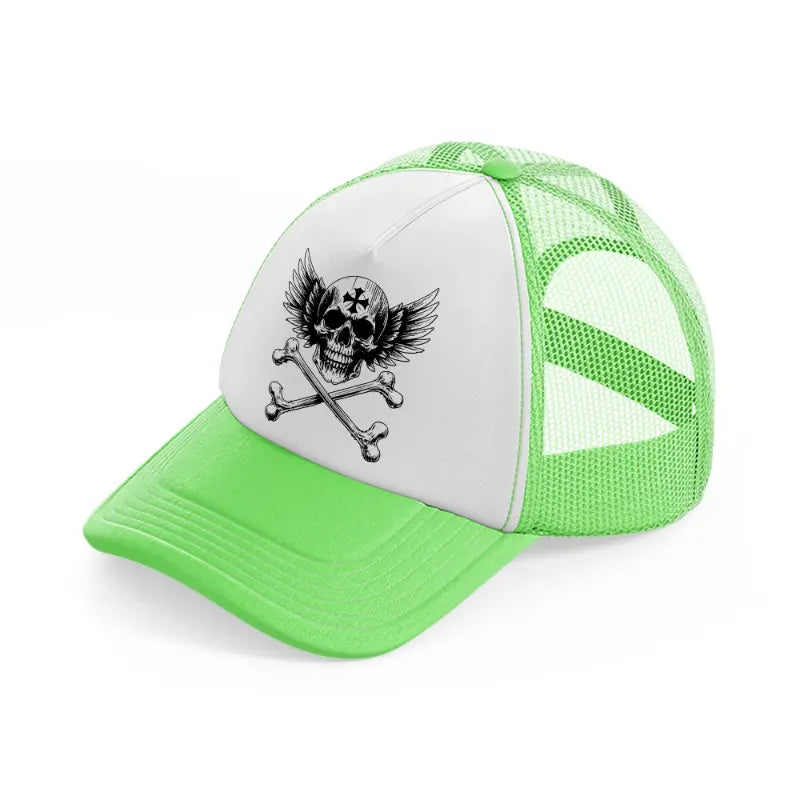 skull cross with wings lime green trucker hat