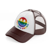 out and proud smile-brown-trucker-hat