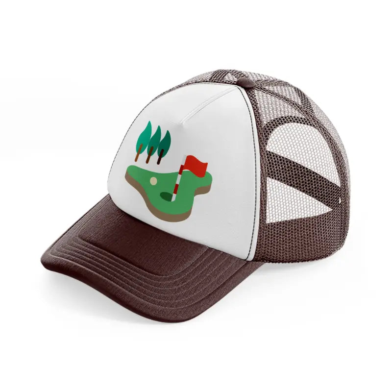 golf field trees brown trucker hat