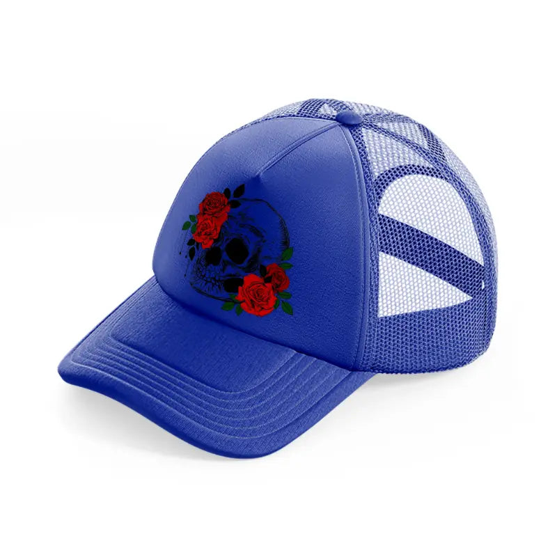 skull & roses-blue-trucker-hat