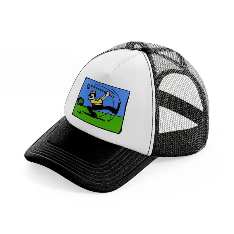 cartoon golfer-black-and-white-trucker-hat