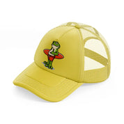 frog holding surf board-gold-trucker-hat