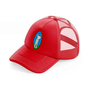 golfer taking shot red trucker hat