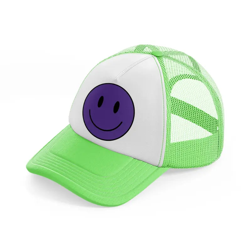 happy face purple lime green trucker hat