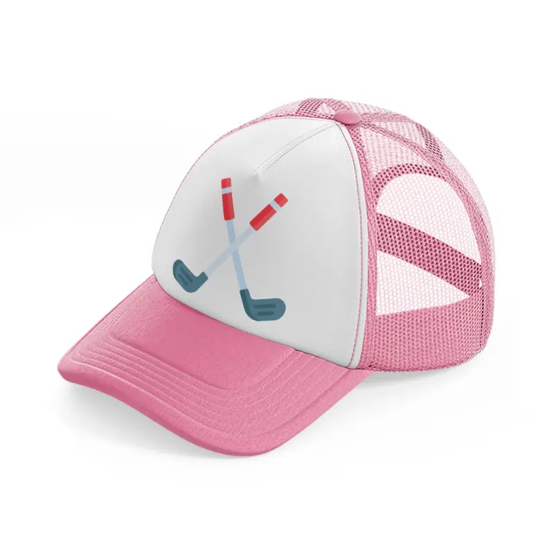 golf sticks sign pink and white trucker hat