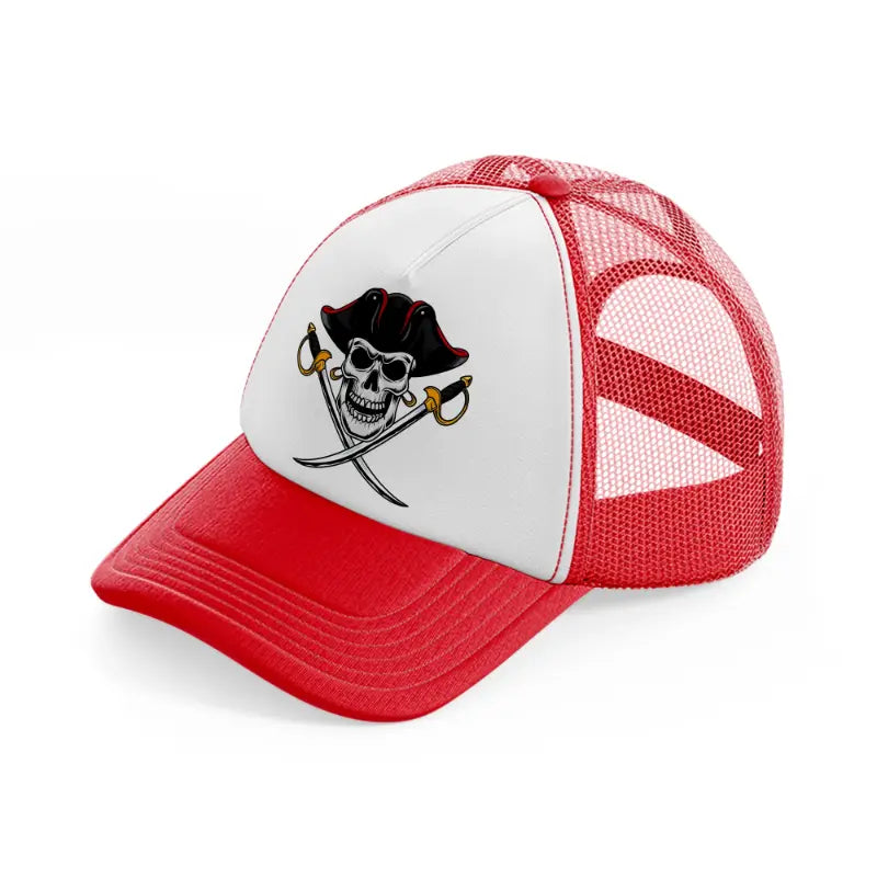 pirates skull mascot swords-red-and-white-trucker-hat