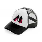 pair of stilettos black and white trucker hat