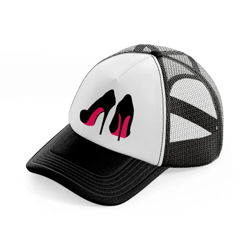 pair of stilettos black and white trucker hat