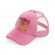 messy and bright-pink-trucker-hat