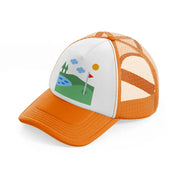 golf field river orange trucker hat