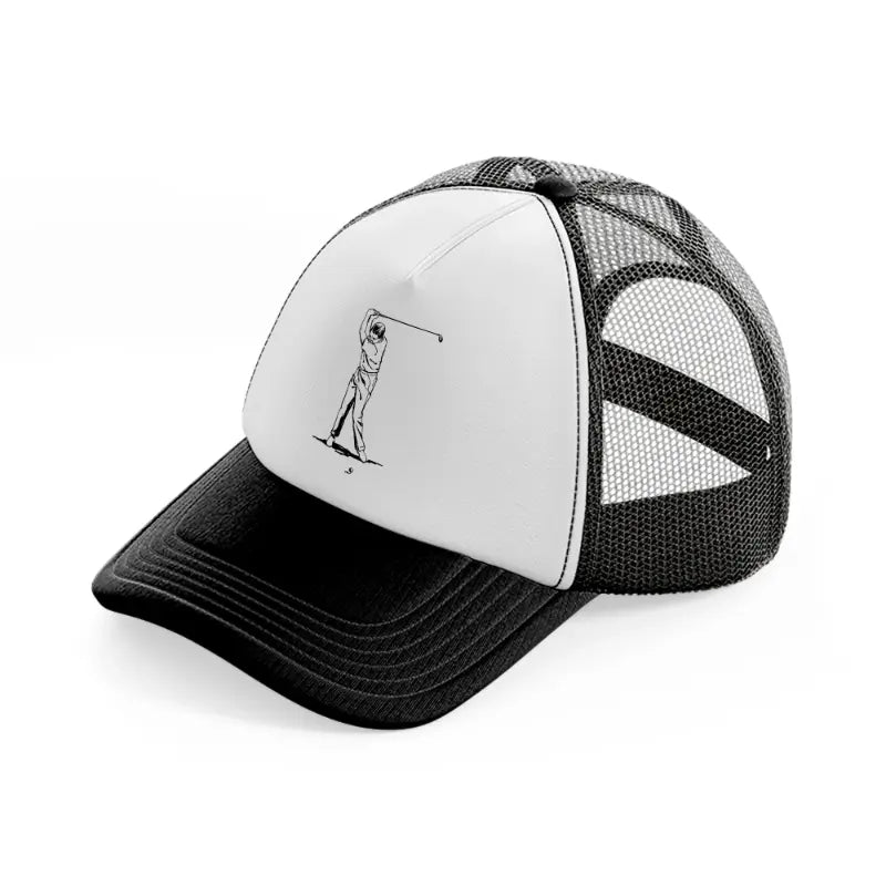 golfer taking shots b&w-black-and-white-trucker-hat