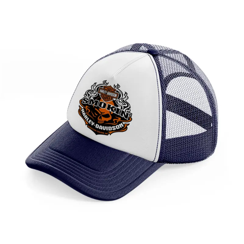 harley-davidson smokin'-navy-blue-and-white-trucker-hat