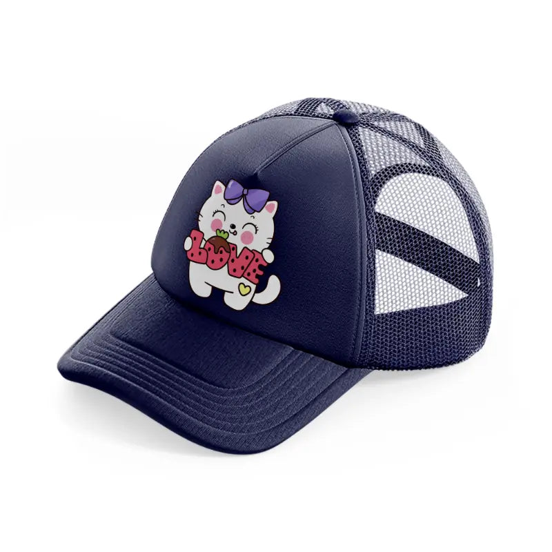 white cute cat-navy-blue-trucker-hat