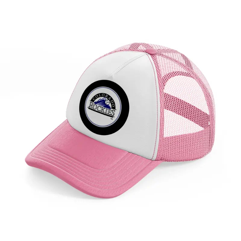 colorado rockies black badge-pink-and-white-trucker-hat